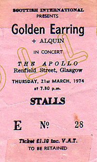 Golden Earring show ticket#E28 Glasgow - Apollo March 21 1974